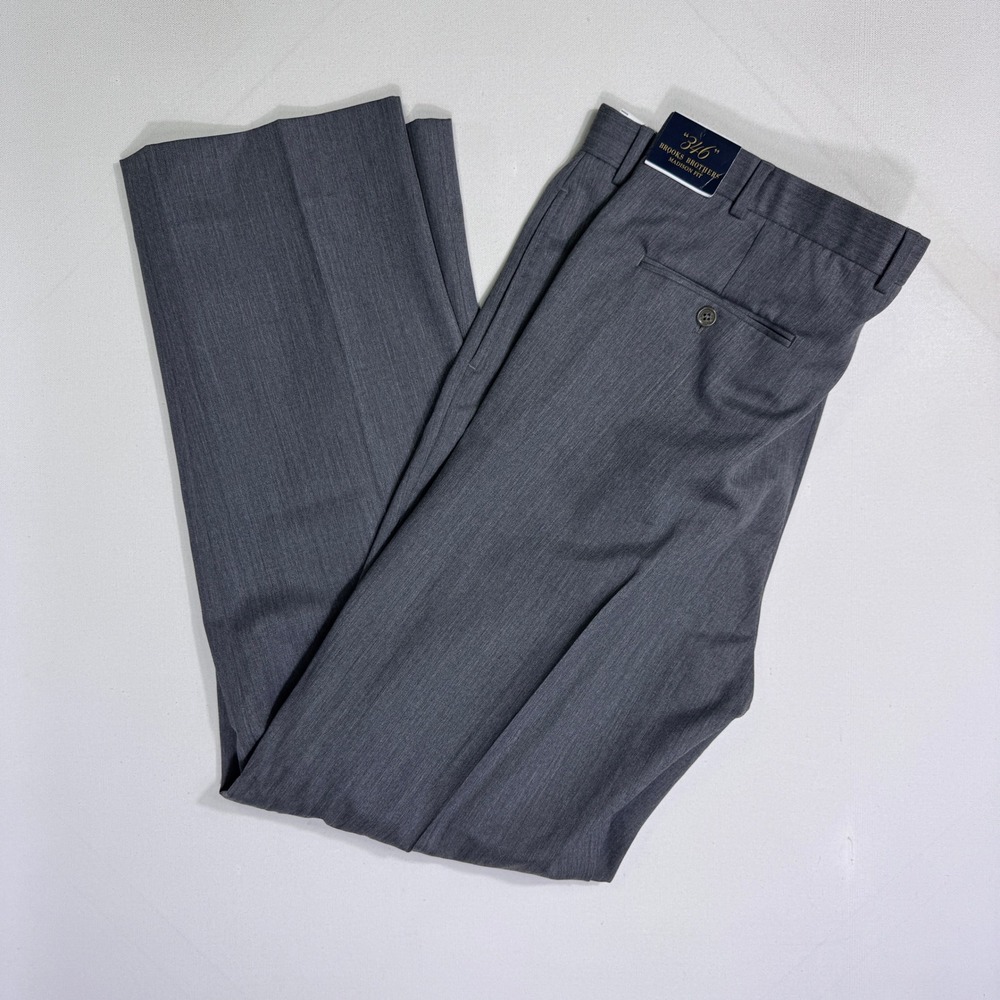 Brooks Brothers 346 Madison Fit Men 40x34 (40x33) Gray 100% Wool Dress Pants NWT